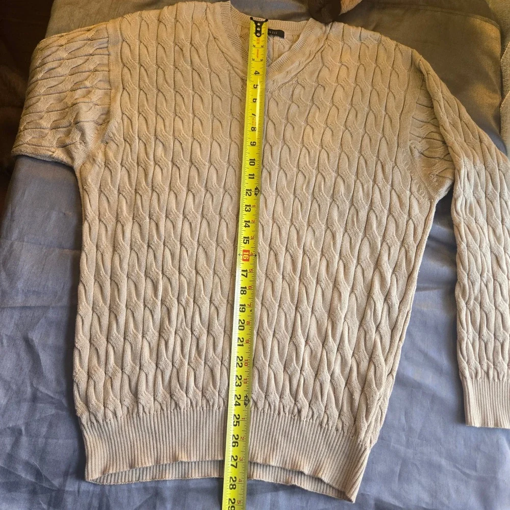 Alpaca Ill  Tan Cable Knit V Neck Sweater Size L‎ 100% Mercerized Pima Cotton